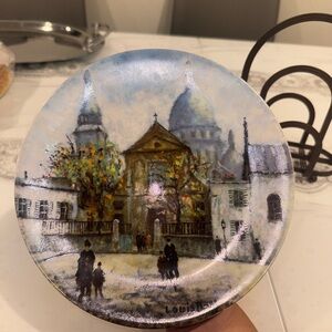 Charming Cityscape Art Plate with Blue and Brown Hues